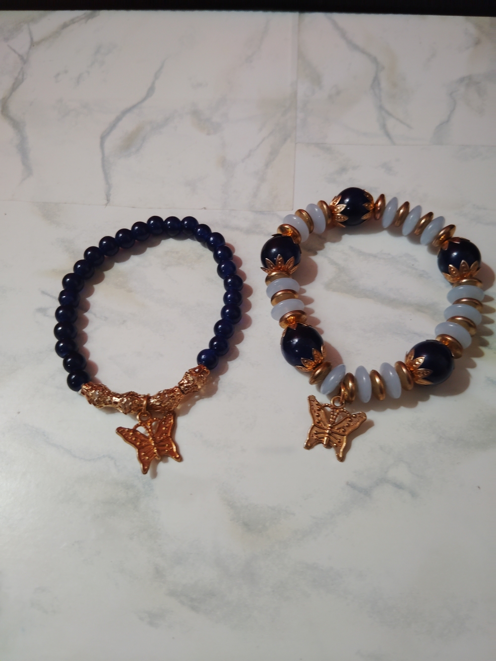 Gold Butterfly Charm Navy Bead Stretch Bracelet